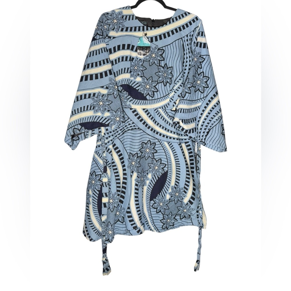 Ray Darten Floral Geo African Print Cotton Dress Womens size 1X Blue Tan NEW